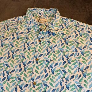 Oliver & Burke Fish Print Button Up Shirt Mens XXL White Blue Short Sleeve
